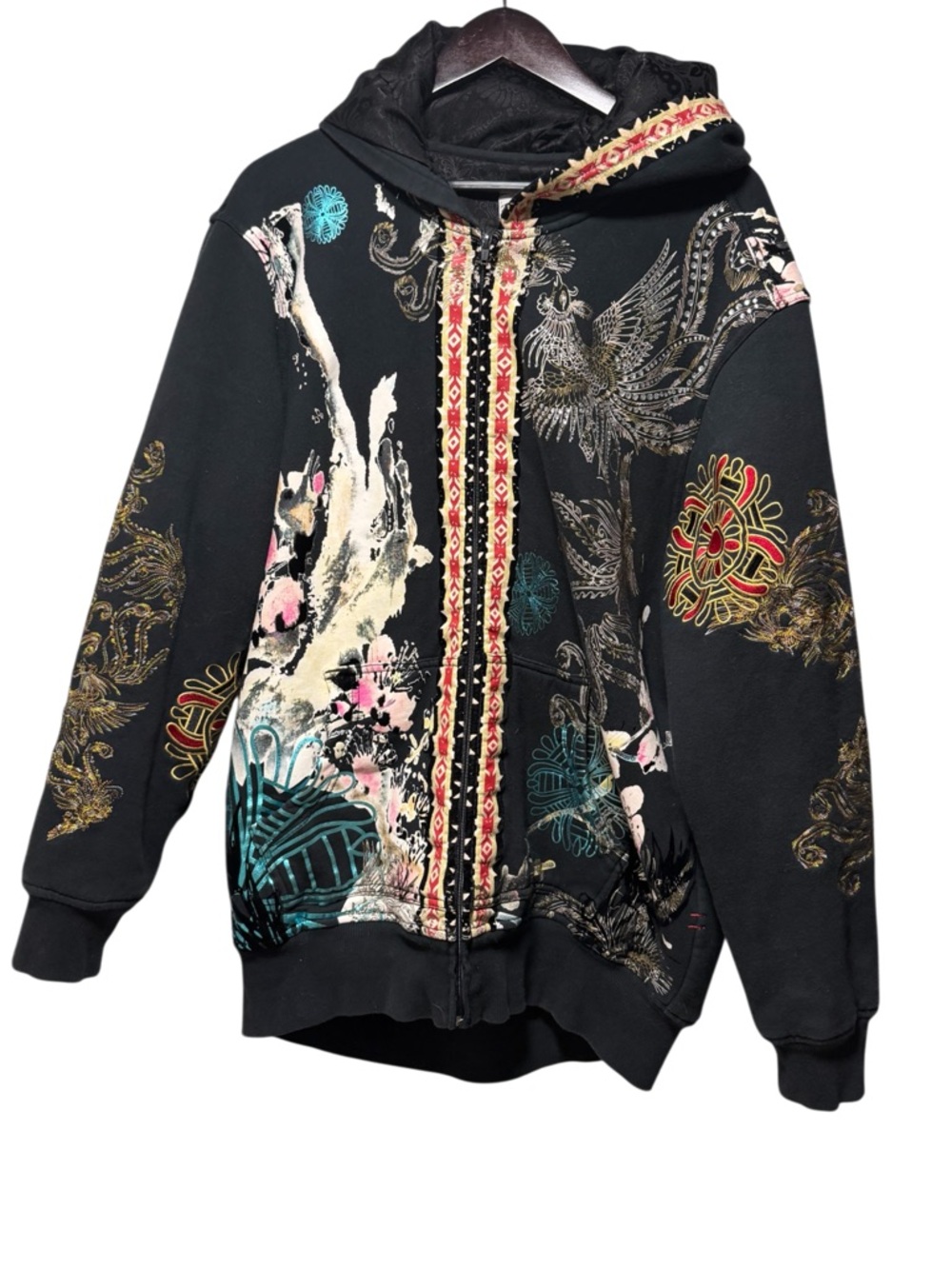 Black Printed Zip-Up Hoodie with Embroidered Detail
